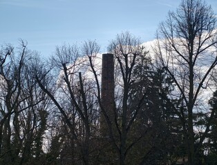 Abandoned chimney amid winter trees. Lone chimney stands among leafless trees under cloudy twilight © Vladimir