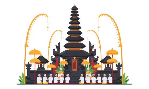 People Praying at Balinese Hindu Temple Ceremony Illustration