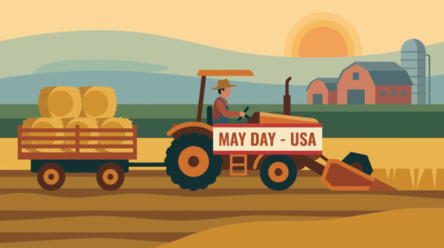 Farmer Driving Tractor with May Day USA Banner in Rural Field