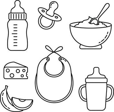 Baby feeding baby bottle pacifier bowl of food sippy cup