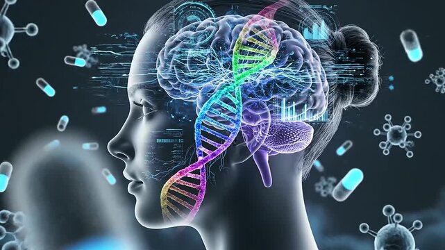 A conceptual visualization of pharmacogenomic drug matching reveals the intricate synergy between personalized medication and genetic blueprints within a shimmering holographic human neural network