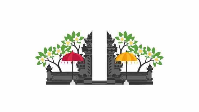 Bali Temple Gate with Frangipani and Umbrellas on White Background