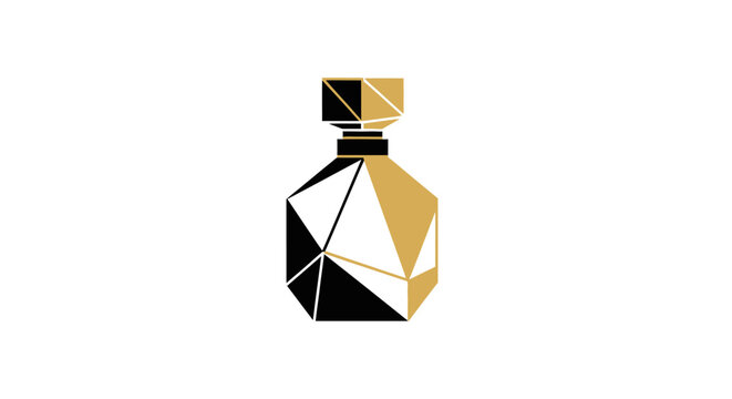 Geometric perfume bottle with black and gold facets.