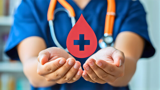 Hands cupping a blood drop with a plus sign, symbolizing donation and medical care
