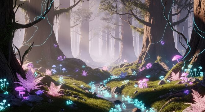 Fantasy forest scene with glowing plants and trees daytime illustration