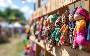 Fototapeta premium Handcrafted Puppets Hanging From Wooden Rack in Outdoor Market Display