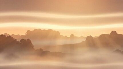 Obraz premium Ethereal sunrise light beams pierce through misty rolling hills and silhouetted trees.
