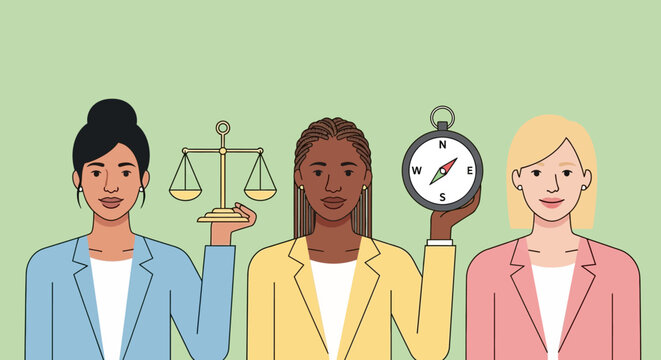 Diverse Business Women Holding Scales of Justice and Compass Representing Ethics, Integrity, and Corporate Leadership in Flat Vector Style