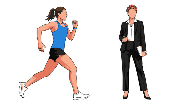 Work-Life Balance Concept Illustration: Professional Businesswoman and Active Female Runner Side by Side