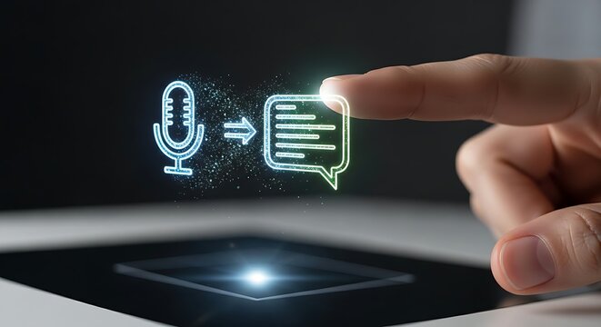 Voice transcription technology. A close-up of a finger touching a holographic microphone icon, which transforms into a text icon, symbolizing speech-to-text.