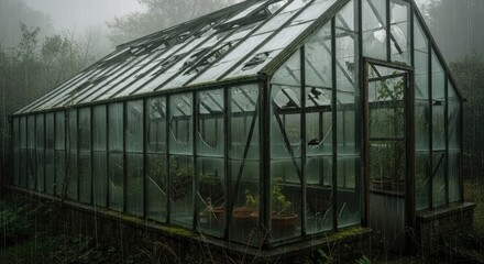 Fototapeta premium Greenhouse structure amidst misty landscape architectural and environmental study