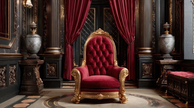 Grand ornate throne room interior with a plush red velvet chair and opulent detailing