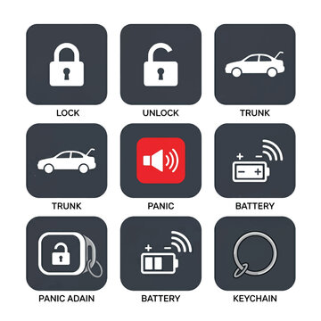 Car Key Fob Icons Showing Functions Like Lock Unlock Trunk Panic Battery.