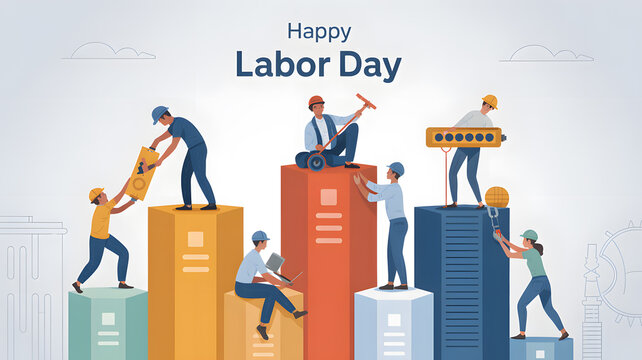 Happy labor day workers building stack of books concept with hard hats