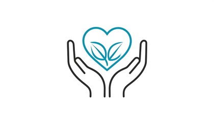 Obraz premium A heart-shaped outline with two leaves inside is held in cupped hands, rendered in a simple, minimalist style on white
