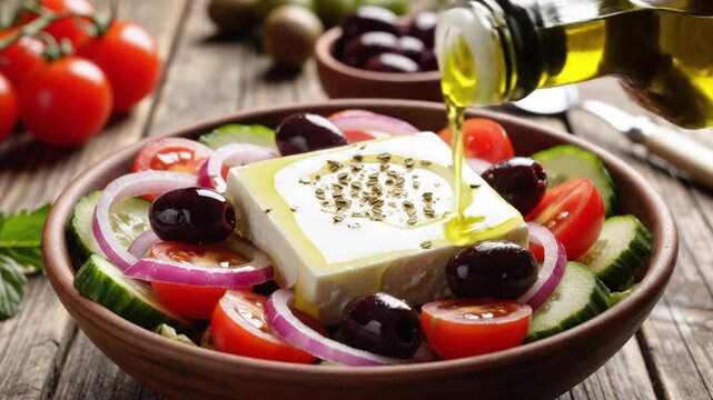 Greek Salad with Feta Olives Tomato and Cucumber Mediterranean Cuisine in 4K