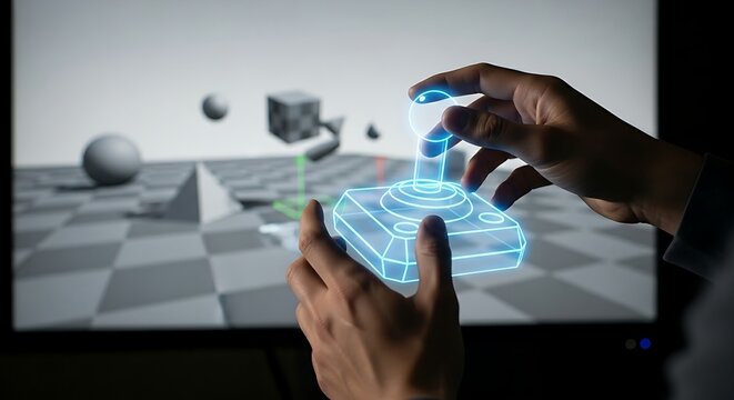 Virtual control and gaming concept. A game developer's hands interact with a holographic virtual joystick, moving it to control an object in a test scene.