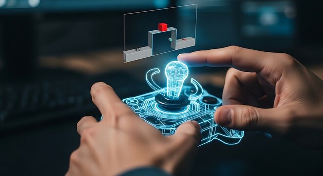 Virtual control and gaming concept. A game developer's hands interact with a holographic virtual joystick, moving it to control an object in a test scene.