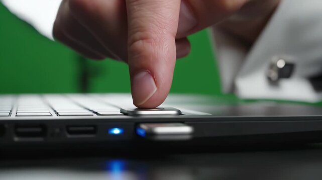 Close up Of Finger Pressing Fingerprint Sensor On Laptop With USB Drive Inserted And Green Screen Background