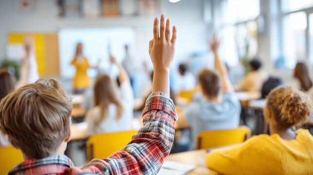 Student Raising Hand During Classroom Presentation Session in School