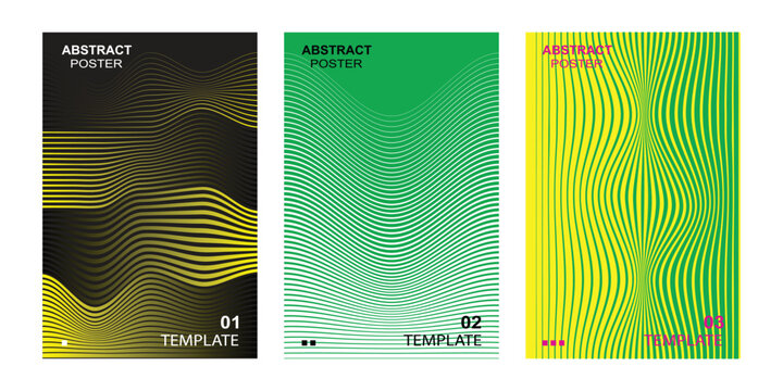Set of three abstract poster with wavy lines pattern and futuristic color background