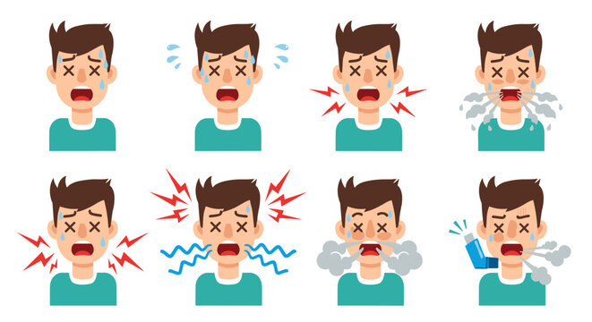 Collection of cartoon male character facial expressions showing illness symptoms like sneezing coughing and fever