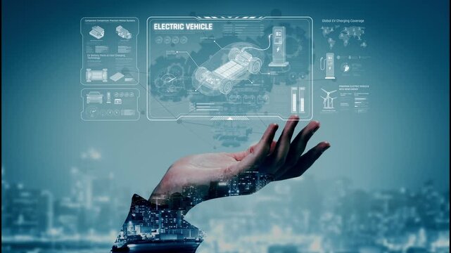 Technical layout of electric vehicle showing battery system, power control, traction motor, charging interface, and integration with renewable and smart energy sources Marrow