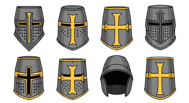 Collection of medieval crusader helmets with golden cross emblems illustrating historical warfare and knightly armor