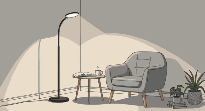 Minimalist living room corner illustration with a cozy armchair, floor lamp, book, and coffee, depicting a warm and relaxing home interior
