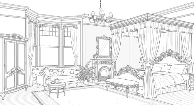 Detailed line art drawing of a classic elegant bedroom interior featuring an ornate four-poster bed, chaise lounge, and fireplace. Vintage style.