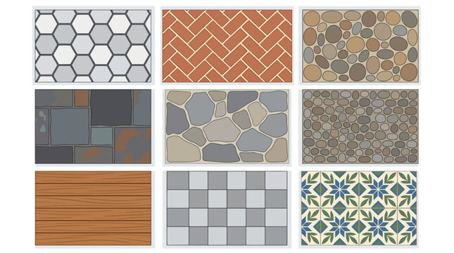 Assorted exterior flooring textures showing herringbone brick flagstone river rock wood planks vector.