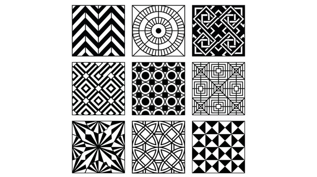 Seamless black and white geometric tile patterns modern abstract line art motifs vector.