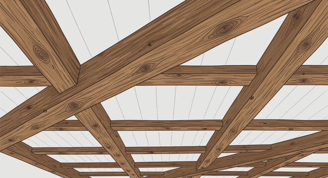 Modern wooden beam ceiling structure with exposed timber joists and white panels, architectural detail, interior design, construction background.