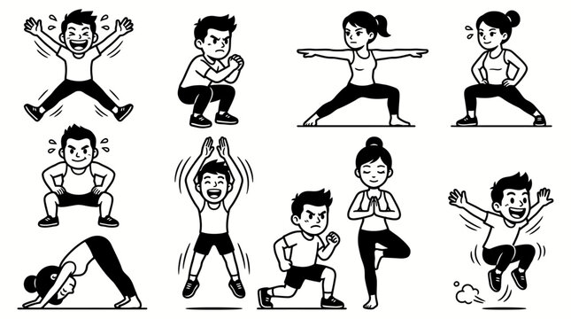 Energetic people doing intense fitness routines jumping and squats in bold outline vector.