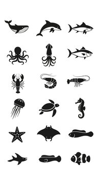 Black Sea Creatures Icon Set.