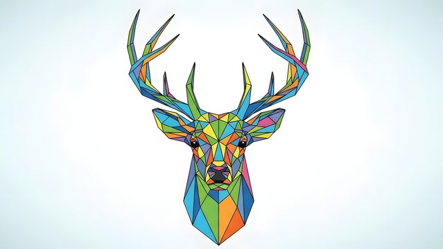 Geometric low-poly stag head illustration with vibrant multi-colored facets on a light blue gradient background