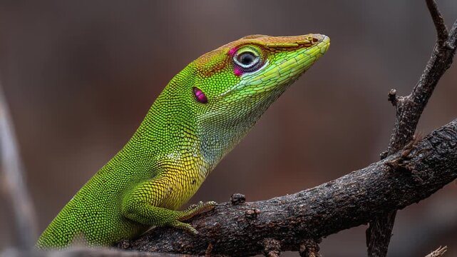 Green lizard perched on branch with detailed textures and vibrant colors