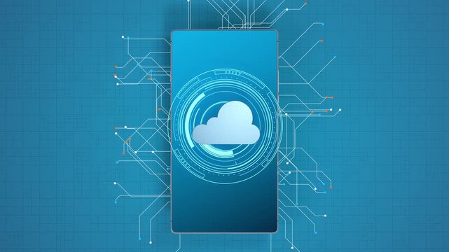Cloud data synchronization with mobile phone displaying digital network connections animated over blue grid background.