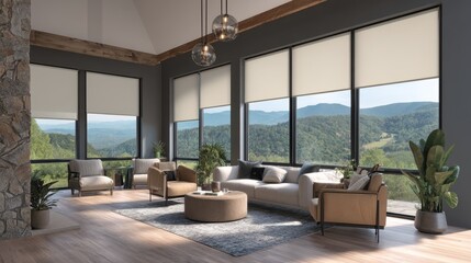 Fototapeta premium Modern Living Room with Scenic Mountain View Featuring Large Windows, Cozy Furniture, Indoor Plants, and Natural Light in a Contemporary Design