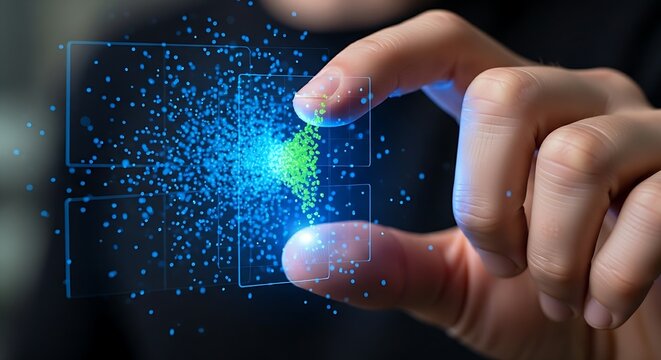 Data clustering analysis. A close-up of a finger 'pinching' to zoom in on a data cluster in a holographic scatter plot, isolating a specific group for analysis.