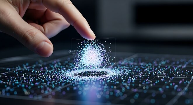 Data clustering analysis. A close-up of a finger 'pinching' to zoom in on a data cluster in a holographic scatter plot, isolating a specific group for analysis.