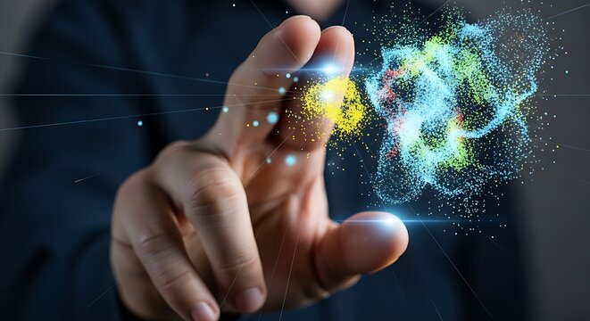 Data clustering analysis. A close-up of a finger 'pinching' to zoom in on a data cluster in a holographic scatter plot, isolating a specific group for analysis.