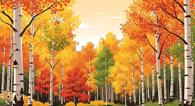 Autumn Birch Forest Illustration with Vibrant Fall Foliage