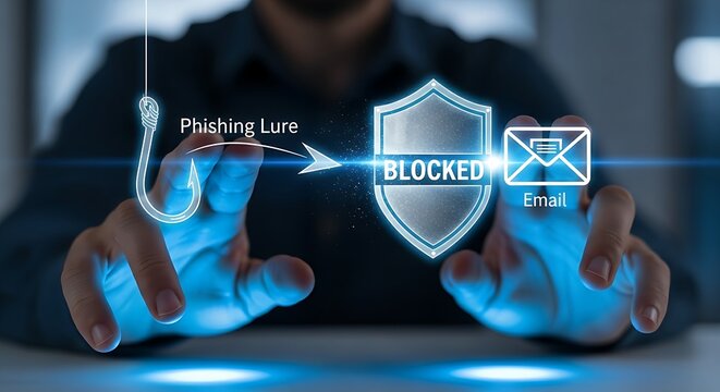 Phishing protection concept. A cybersecurity specialist's hands watch a holographic phishing hook being blocked by a shield before it reaches an email icon.