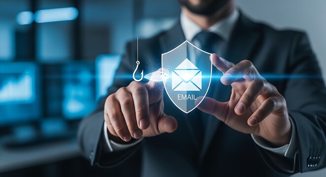 Phishing protection concept. A cybersecurity specialist's hands watch a holographic phishing hook being blocked by a shield before it reaches an email icon.