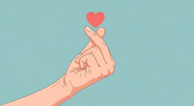 Korean Finger Heart Gesture with Red Heart Symbol on Blue Background