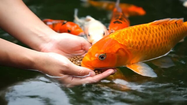 Hands feeding vibrant orange koi fish in a tranquil garden pond