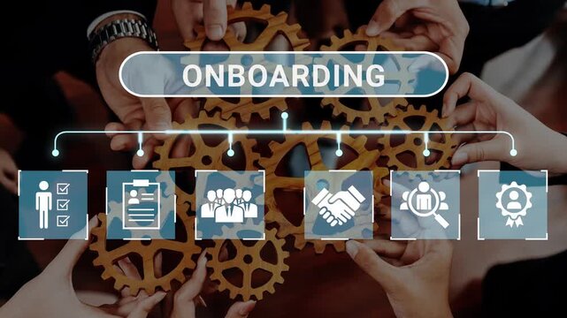 Collaborative Onboarding Process with Gears and Icons Representing Employee Integration and Team Development in a Professional Setting Gluon.
