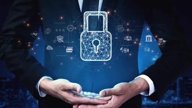 Cybersecurity protection system showing password encryption, fingerprint ID, cloud security, email, credit card, and database lock for secure data access Marrow