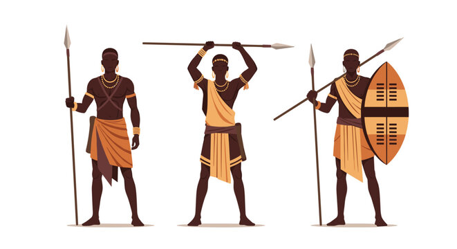 Three African tribal warriors in traditional orange clothing are shown holding long spears and a decorative shield in various standing poses.